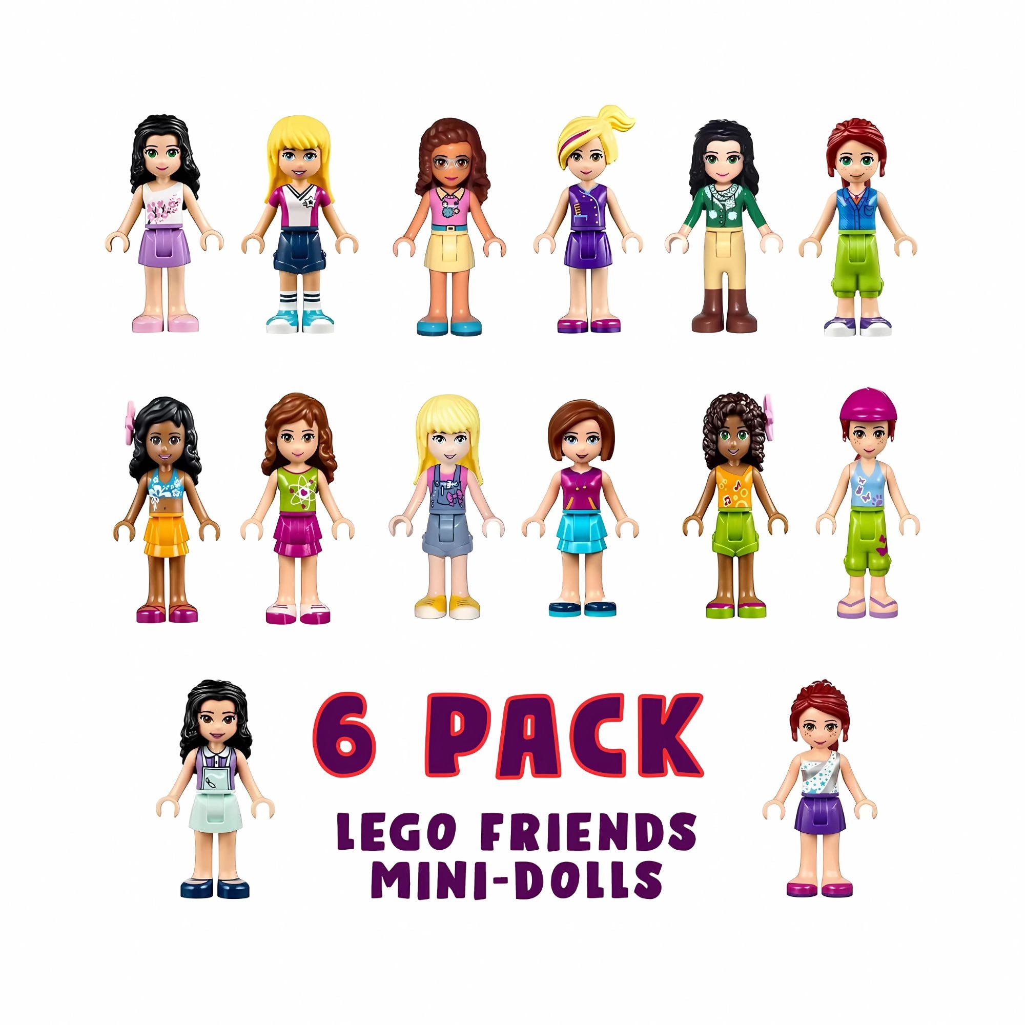 6 PACK of New LEGO Friends Minifigures - Random Selection (No Duplicates)