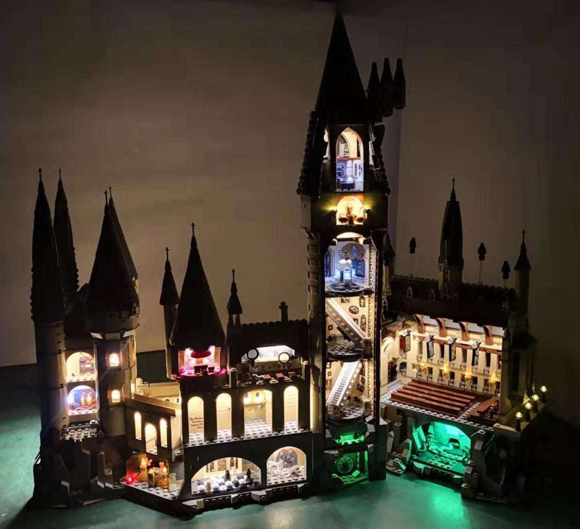 LEGO Harry Potter Hogwarts Castle set 71043 with the Brick Loot LED Light Kit installed.