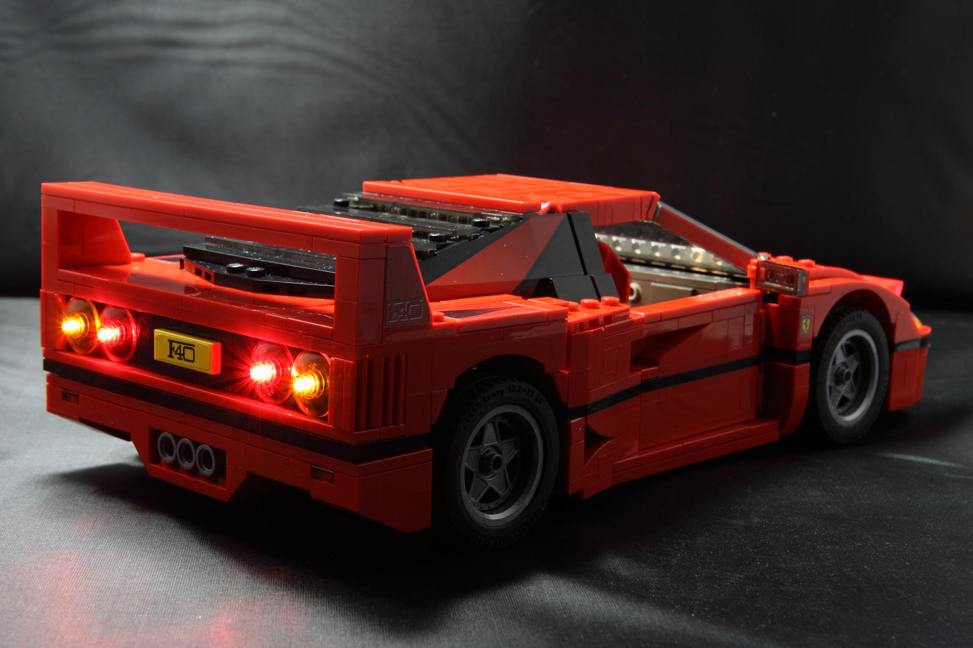 Brick Loot custom LED lighting kit installed on the LEGO Ferrari F40 set 10248, rear view.