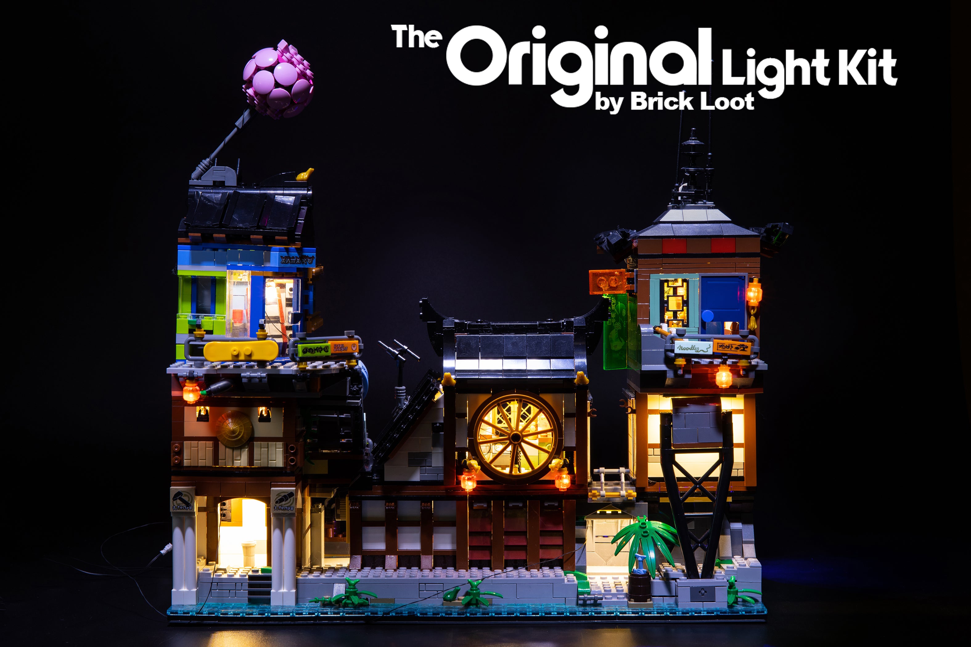 LEGO NINJAGO City Docks set 70657 with the Brick Loot custom LED Light Kit installed. 