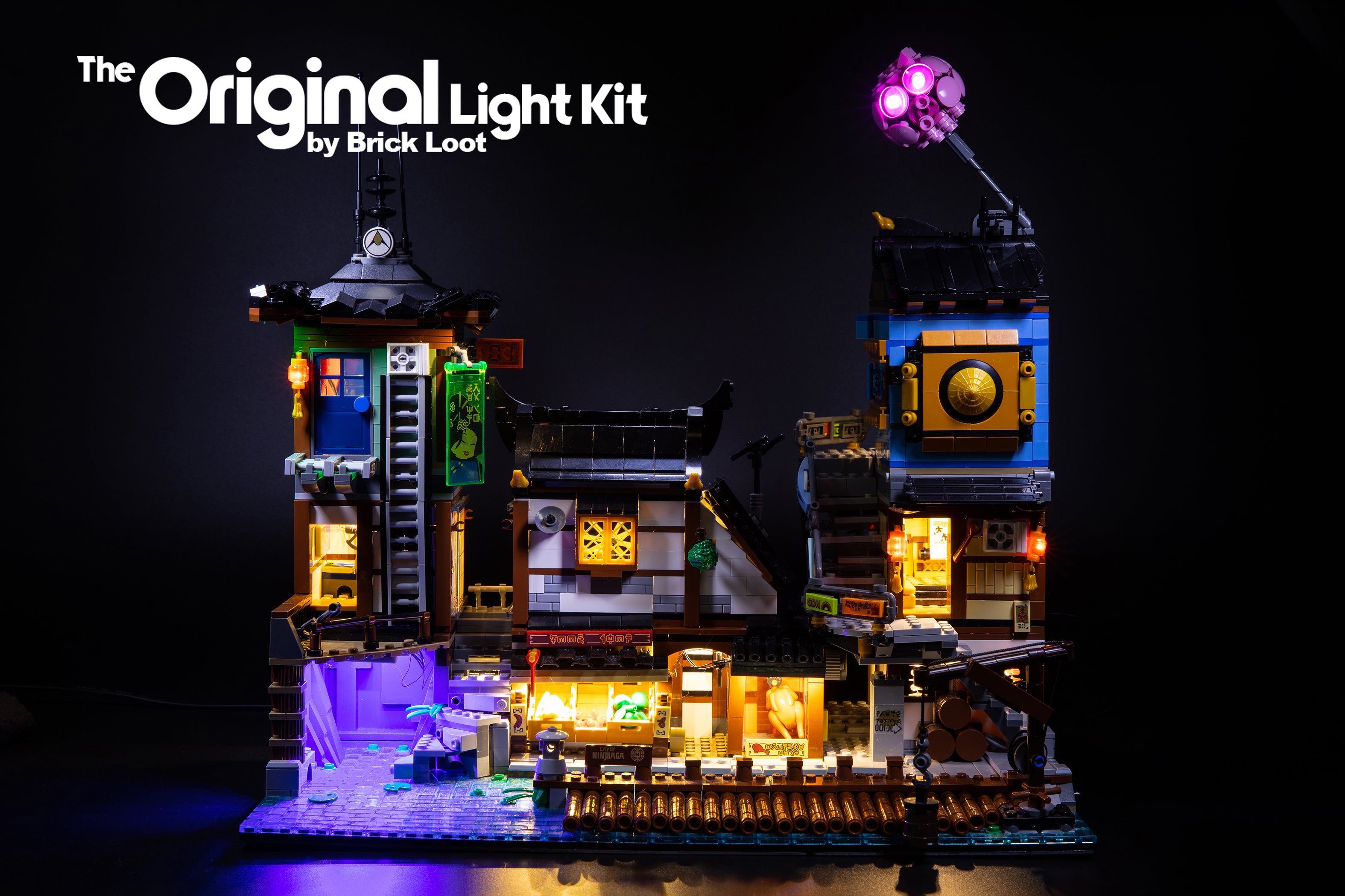 Back view of the LEGO NINJAGO City Docks set 70657 with the Brick Loot custom LED Light Kit installed. 