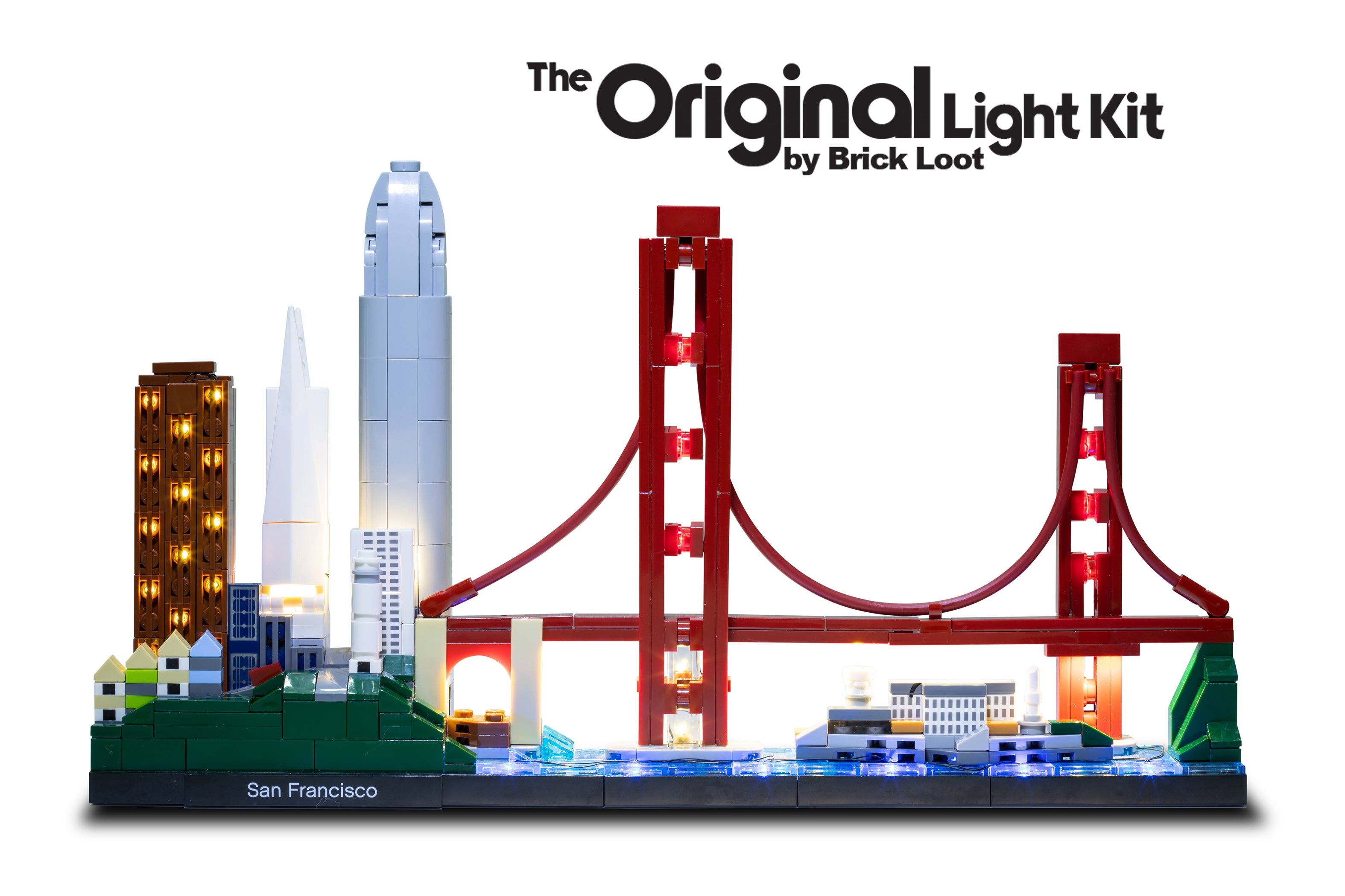 LEGO Architecture San Francisco Skyline set 21043, illuminated by the Brick Loot LED Light Kit. 